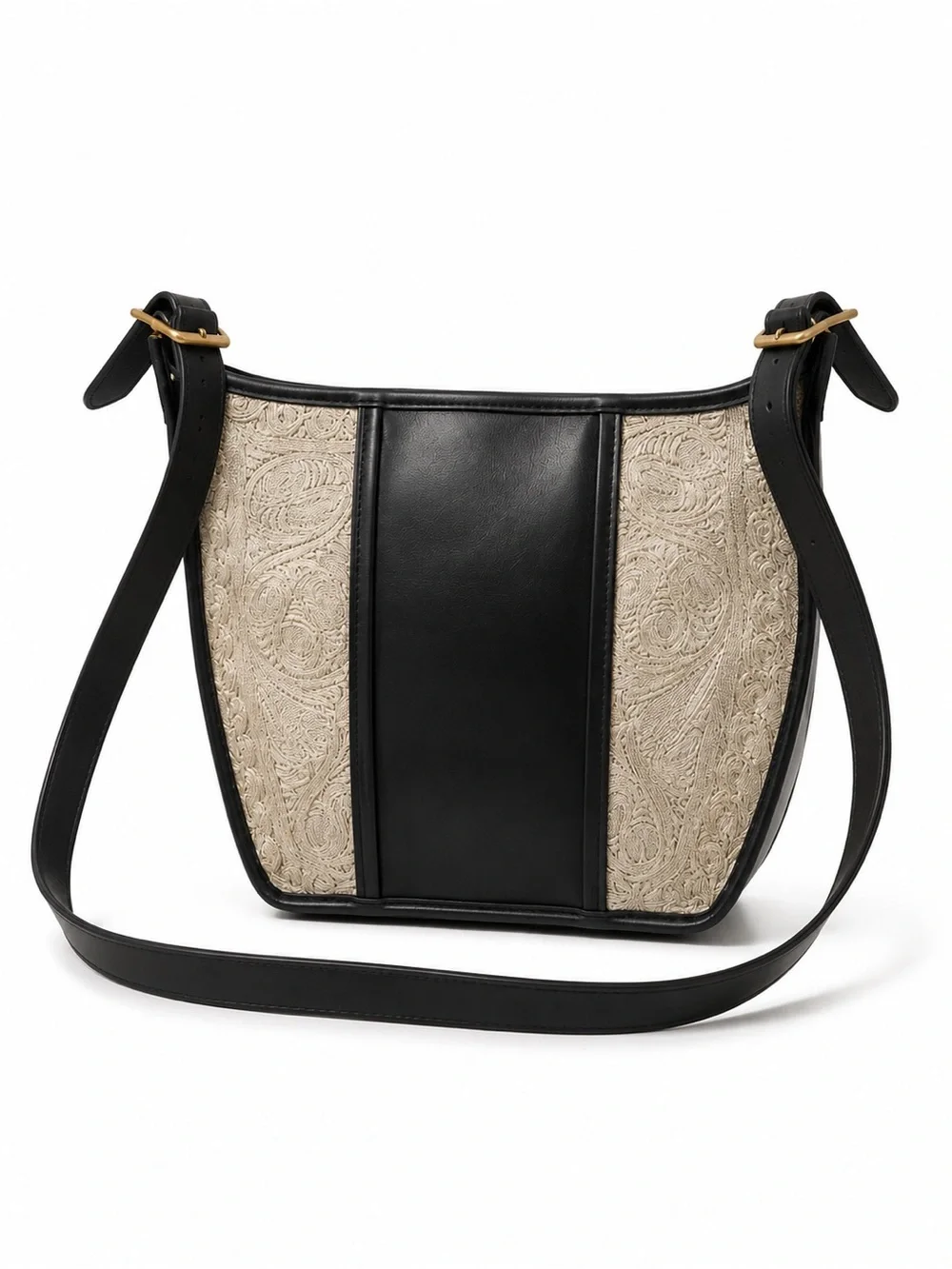 Vintage Albano Black Leather Brocade Crossbody Shoulder Bag Y2K